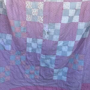 Vintage Patchwork Quilt Pink Floral Nine Patch cottage shabby chic for Upcycle